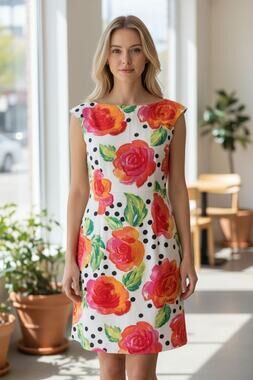 Geary Roark Vintage 6P Sleeveless Floral Rose Polka Dot Open Back Bow Dress